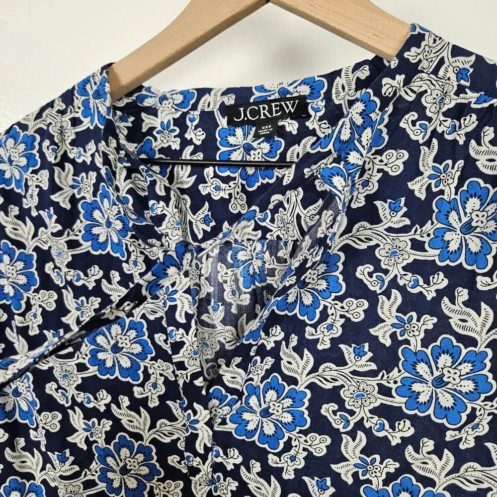 J.Crew V-Neck Tie Top XXS Floral Print Dobby Blue Navy Dark‎ Evening Floral